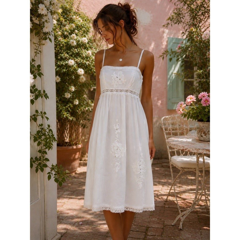 VTG Free People Sundress 6 Cotton Embroidered Sequin Indie Boho Cottage Coastal